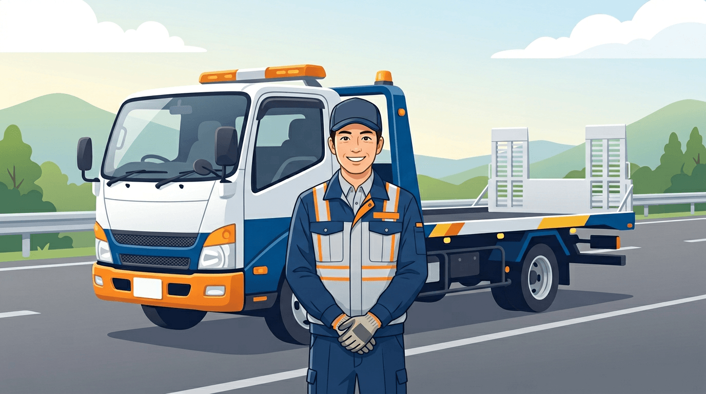 レッカー車の前で笑顔の作業員のイラスト